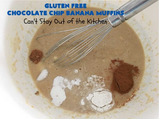 Gluten Free Chocolate Chip Banana Muffins | Can't Stay Out of the Kitchen | You'll never believe you're eating #GlutenFree #muffins with this #recipe! These #BreakfastMuffins have great texture & taste. In fact, they're so drool-worthy you'll be swooning from the first bite. #walnuts #cinnamon #bananas #chocolate #GlutenFreeFlour #ChocolateChips #holiday #breakfast #HolidayBreakfast #Thanksgiving #Christmas #NewYearsDay #GlutenFreeChocolateChipBananaMuffins
