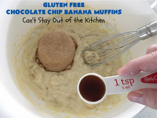 Gluten Free Chocolate Chip Banana Muffins | Can't Stay Out of the Kitchen | You'll never believe you're eating #GlutenFree #muffins with this #recipe! These #BreakfastMuffins have great texture & taste. In fact, they're so drool-worthy you'll be swooning from the first bite. #walnuts #cinnamon #bananas #chocolate #GlutenFreeFlour #ChocolateChips #holiday #breakfast #HolidayBreakfast #Thanksgiving #Christmas #NewYearsDay #GlutenFreeChocolateChipBananaMuffins