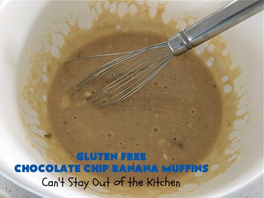 Gluten Free Chocolate Chip Banana Muffins | Can't Stay Out of the Kitchen | You'll never believe you're eating #GlutenFree #muffins with this #recipe! These #BreakfastMuffins have great texture & taste. In fact, they're so drool-worthy you'll be swooning from the first bite. #walnuts #cinnamon #bananas #chocolate #GlutenFreeFlour #ChocolateChips #holiday #breakfast #HolidayBreakfast #Thanksgiving #Christmas #NewYearsDay #GlutenFreeChocolateChipBananaMuffins