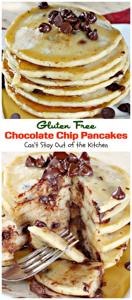 Gluten Free Chocolate Chip Pancakes | Can't Stay Out of the Kitchen | these luscious #pancakes are filled with #chocolatechips for amazing flavor. Great for #holiday #breakfasts. #glutenfree #chocolate
