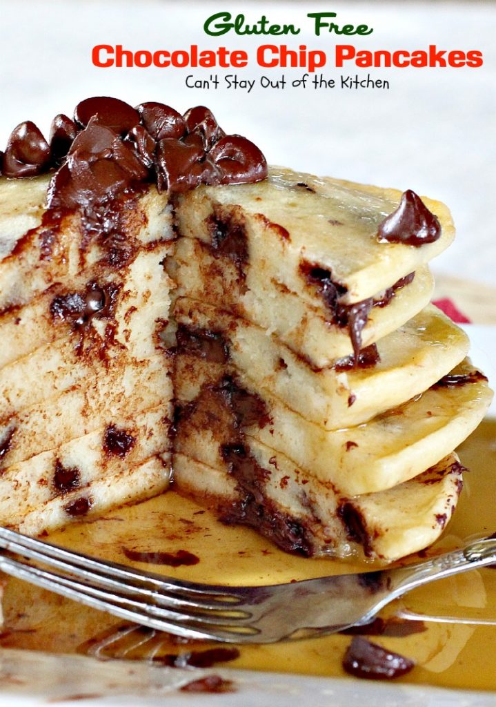 Gluten Free Chocolate Chip Pancakes | Can't Stay Out of the Kitchen | these luscious #pancakes are filled with #chocolatechips for amazing flavor. Great for #holiday #breakfasts. #glutenfree #chocolate