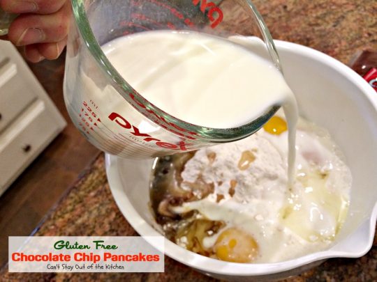 Gluten Free Chocolate Chip Pancakes | Can't Stay Out of the Kitchen | these luscious #pancakes are filled with #chocolatechips for amazing flavor. Great for #holiday #breakfasts. #glutenfree #chocolate