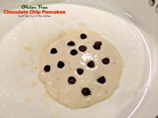 Gluten Free Chocolate Chip Pancakes | Can't Stay Out of the Kitchen | these luscious #pancakes are filled with #chocolatechips for amazing flavor. Great for #holiday #breakfasts. #glutenfree #chocolate