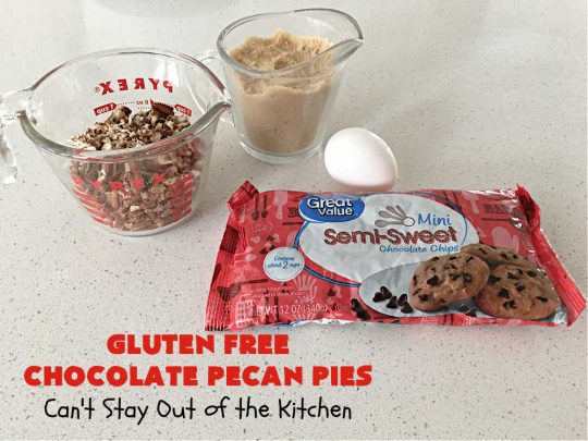 Gluten Free Chocolate Pecan Pies | Can't Stay Out of the Kitchen | these miniature #PecanPies are outstanding! They include miniature #chocolate chips to increase flavor & deliciousness. These fabulous #cookies can be made with #GlutenFree flour or regular flour--depending on your needs. Every bite will rock your world. Enjoy at #tailgating parties, potlucks or even #holiday #baking. #Christmas #PecanDessert #ChocolateDessert #GlutenFreeChocolatePecanPies
