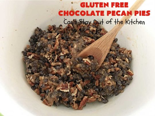 Gluten Free Chocolate Pecan Pies | Can't Stay Out of the Kitchen | these miniature #PecanPies are outstanding! They include miniature #chocolate chips to increase flavor & deliciousness. These fabulous #cookies can be made with #GlutenFree flour or regular flour--depending on your needs. Every bite will rock your world. Enjoy at #tailgating parties, potlucks or even #holiday #baking. #Christmas #PecanDessert #ChocolateDessert #GlutenFreeChocolatePecanPies