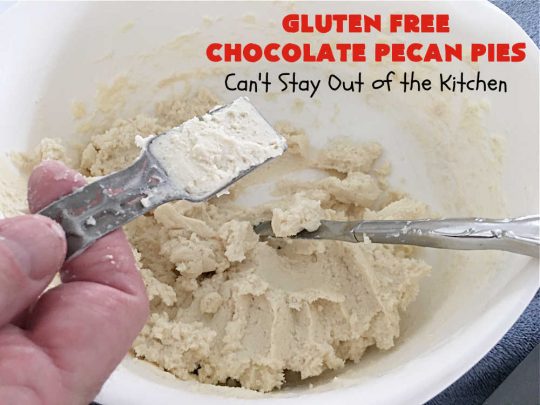Gluten Free Chocolate Pecan Pies | Can't Stay Out of the Kitchen | these miniature #PecanPies are outstanding! They include miniature #chocolate chips to increase flavor & deliciousness. These fabulous #cookies can be made with #GlutenFree flour or regular flour--depending on your needs. Every bite will rock your world. Enjoy at #tailgating parties, potlucks or even #holiday #baking. #Christmas #PecanDessert #ChocolateDessert #GlutenFreeChocolatePecanPies
