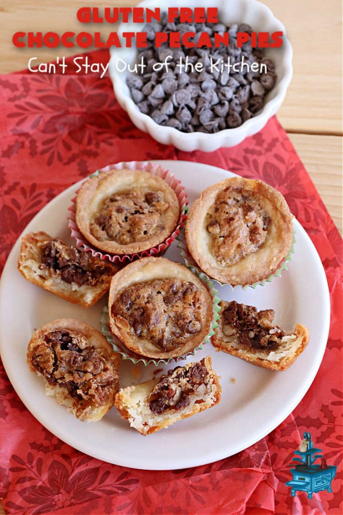 Gluten Free Chocolate Pecan Pies | Can't Stay Out of the Kitchen | these miniature #PecanPies are outstanding! They include miniature #chocolate chips to increase flavor & deliciousness. These fabulous #cookies can be made with #GlutenFree flour or regular flour--depending on your needs. Every bite will rock your world. Enjoy at #tailgating parties, potlucks or even #holiday #baking. #Christmas #PecanDessert #ChocolateDessert #GlutenFreeChocolatePecanPies