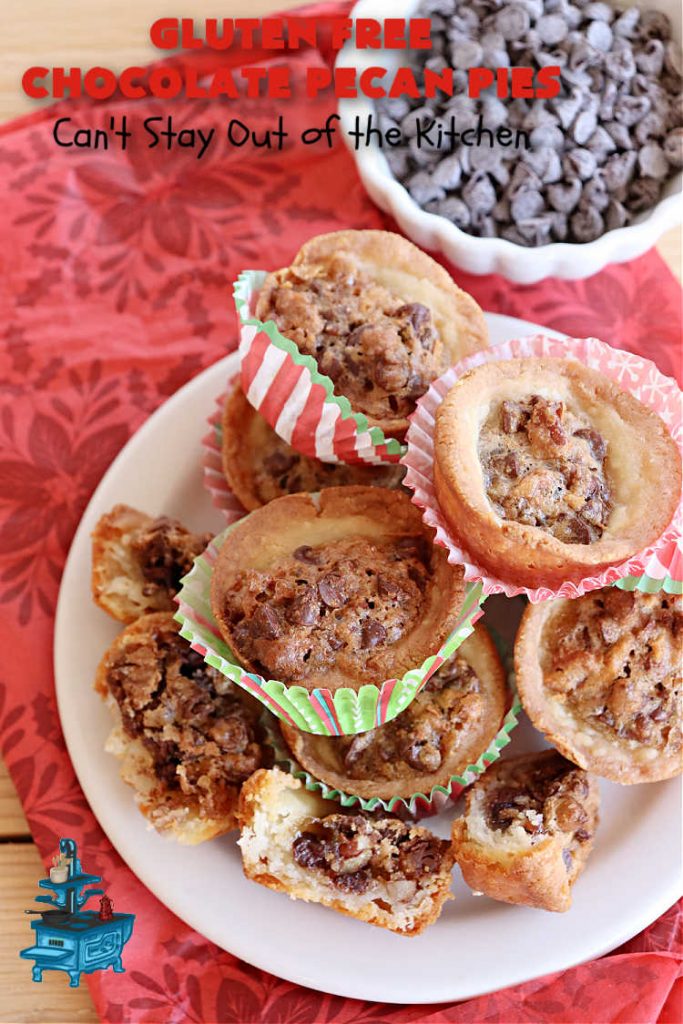 Gluten Free Chocolate Pecan Pies | Can't Stay Out of the Kitchen | these miniature #PecanPies are outstanding! They include miniature #chocolate chips to increase flavor & deliciousness. These fabulous #cookies can be made with #GlutenFree flour or regular flour--depending on your needs. Every bite will rock your world. Enjoy at #tailgating parties, potlucks or even #holiday #baking. #Christmas #PecanDessert #ChocolateDessert #GlutenFreeChocolatePecanPies