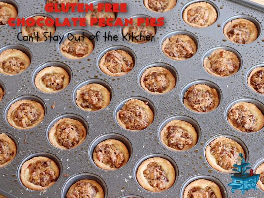 Gluten Free Chocolate Pecan Pies | Can't Stay Out of the Kitchen | these miniature #PecanPies are outstanding! They include miniature #chocolate chips to increase flavor & deliciousness. These fabulous #cookies can be made with #GlutenFree flour or regular flour--depending on your needs. Every bite will rock your world. Enjoy at #tailgating parties, potlucks or even #holiday #baking. #Christmas #PecanDessert #ChocolateDessert #GlutenFreeChocolatePecanPies