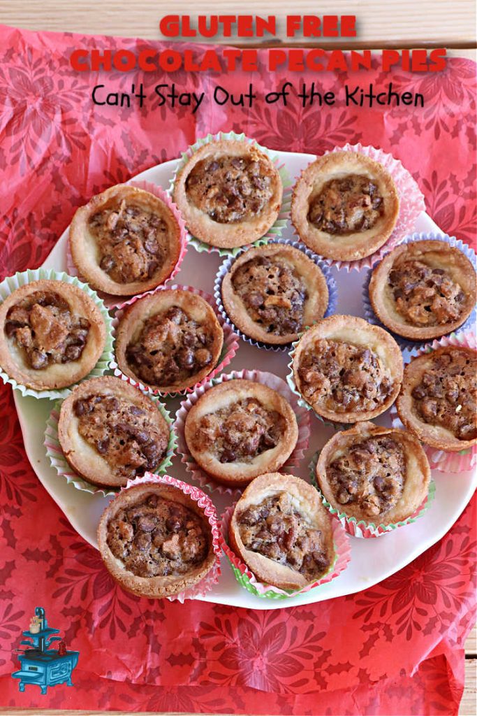 Gluten Free Chocolate Pecan Pies | Can't Stay Out of the Kitchen | these miniature #PecanPies are outstanding! They include miniature #chocolate chips to increase flavor & deliciousness. These fabulous #cookies can be made with #GlutenFree flour or regular flour--depending on your needs. Every bite will rock your world. Enjoy at #tailgating parties, potlucks or even #holiday #baking. #Christmas #PecanDessert #ChocolateDessert #GlutenFreeChocolatePecanPies