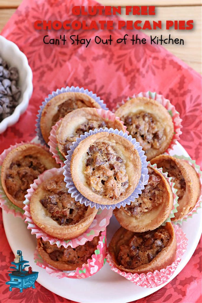 Gluten Free Chocolate Pecan Pies | Can't Stay Out of the Kitchen | these miniature #PecanPies are outstanding! They include miniature #chocolate chips to increase flavor & deliciousness. These fabulous #cookies can be made with #GlutenFree flour or regular flour--depending on your needs. Every bite will rock your world. Enjoy at #tailgating parties, potlucks or even #holiday #baking. #Christmas #PecanDessert #ChocolateDessert #GlutenFreeChocolatePecanPies