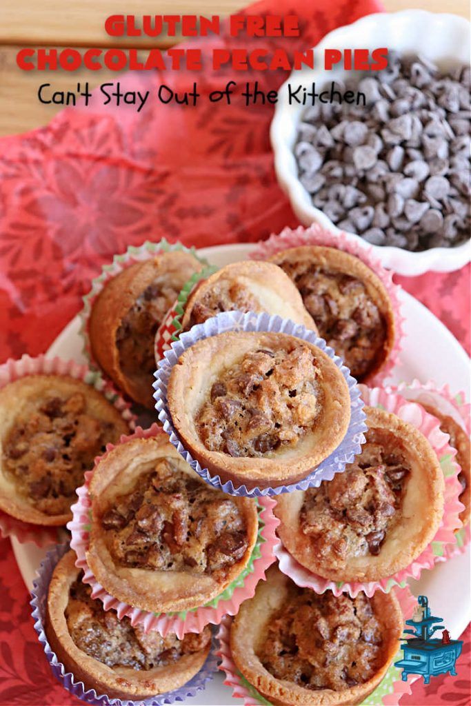Gluten Free Chocolate Pecan Pies | Can't Stay Out of the Kitchen | these miniature #PecanPies are outstanding! They include miniature #chocolate chips to increase flavor & deliciousness. These fabulous #cookies can be made with #GlutenFree flour or regular flour--depending on your needs. Every bite will rock your world. Enjoy at #tailgating parties, potlucks or even #holiday #baking. #Christmas #PecanDessert #ChocolateDessert #GlutenFreeChocolatePecanPies