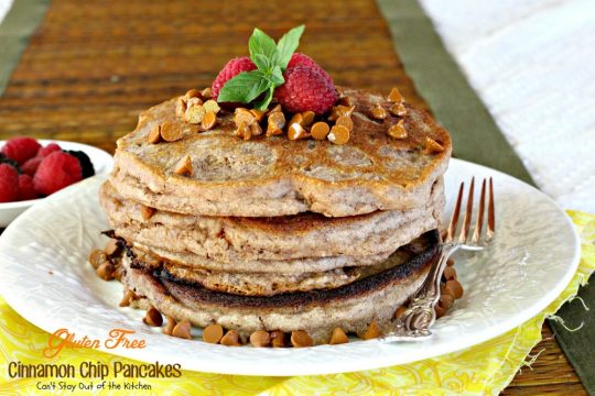 Gluten Free Cinnamon Chip Pancakes | Can't Stay Out of the Kitchen | these are reminiscent of eating #cinnamonrolls - they're a great #holiday #breakfast treat. #glutenfree
