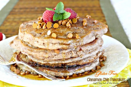 Gluten Free Cinnamon Chip Pancakes | Can't Stay Out of the Kitchen | these are reminiscent of eating #cinnamonrolls - they're a great #holiday #breakfast treat. #glutenfree