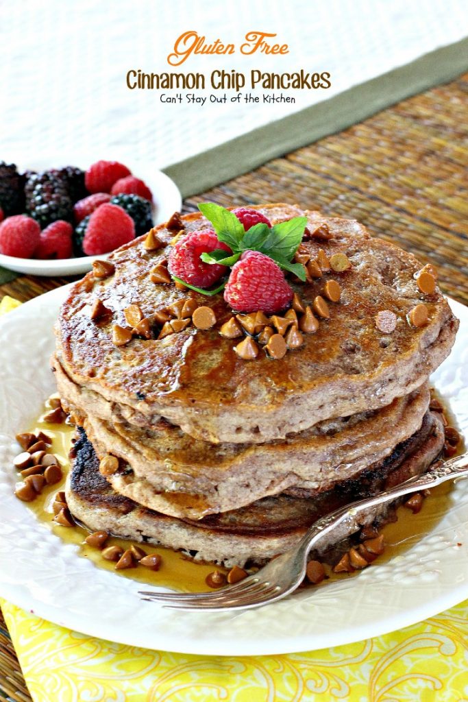 Gluten Free Cinnamon Chip Pancakes | Can't Stay Out of the Kitchen | these are reminiscent of eating #cinnamonrolls - they're a great #holiday #breakfast treat. #glutenfree