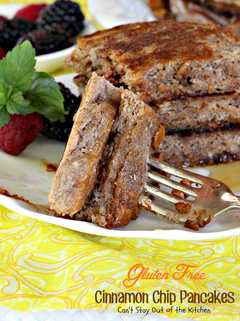 Gluten Free Cinnamon Chip Pancakes | Can't Stay Out of the Kitchen | these are reminiscent of eating #cinnamonrolls - they're a great #holiday #breakfast treat. #glutenfree