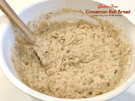 Gluten Free Cinnamon Roll Bread | Can't Stay Out of the Kitchen | awesome #bread that's reminiscent of eating #cinnamonrolls yet this one is #glutenfree! Great for a #holiday #breakfast. #pecans #cinnamonchips