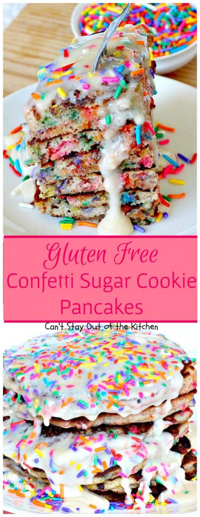 Gluten Free Confetti Sugar Cookie Pancakes | Can't Stay Out of the Kitchen | these awesome #pancakes taste like #sugarcookies with a lot of #sprinkles but in pancake form! Amazing #holiday #breakfast recipe too. #glutenfree