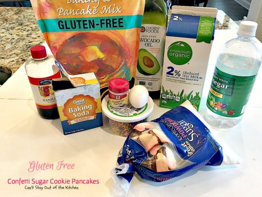 Gluten Free Confetti Sugar Cookie Pancakes | Can't Stay Out of the Kitchen | these awesome #pancakes taste like #sugarcookies with a lot of #sprinkles but in pancake form! Amazing #holiday #breakfast recipe too. #glutenfree