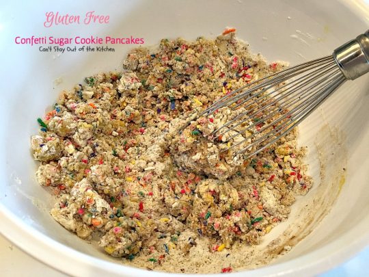 Gluten Free Confetti Sugar Cookie Pancakes | Can't Stay Out of the Kitchen | these awesome #pancakes taste like #sugarcookies with a lot of #sprinkles but in pancake form! Amazing #holiday #breakfast recipe too. #glutenfree