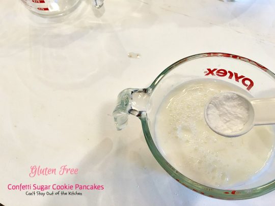 Gluten Free Confetti Sugar Cookie Pancakes | Can't Stay Out of the Kitchen | these awesome #pancakes taste like #sugarcookies with a lot of #sprinkles but in pancake form! Amazing #holiday #breakfast recipe too. #glutenfree
