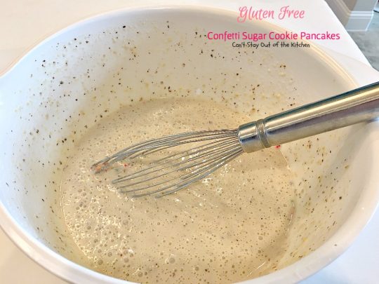 Gluten Free Confetti Sugar Cookie Pancakes | Can't Stay Out of the Kitchen | these awesome #pancakes taste like #sugarcookies with a lot of #sprinkles but in pancake form! Amazing #holiday #breakfast recipe too. #glutenfree