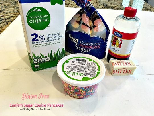 Gluten Free Confetti Sugar Cookie Pancakes | Can't Stay Out of the Kitchen | these awesome #pancakes taste like #sugarcookies with a lot of #sprinkles but in pancake form! Amazing #holiday #breakfast recipe too. #glutenfree