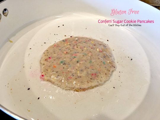 Gluten Free Confetti Sugar Cookie Pancakes | Can't Stay Out of the Kitchen | these awesome #pancakes taste like #sugarcookies with a lot of #sprinkles but in pancake form! Amazing #holiday #breakfast recipe too. #glutenfree