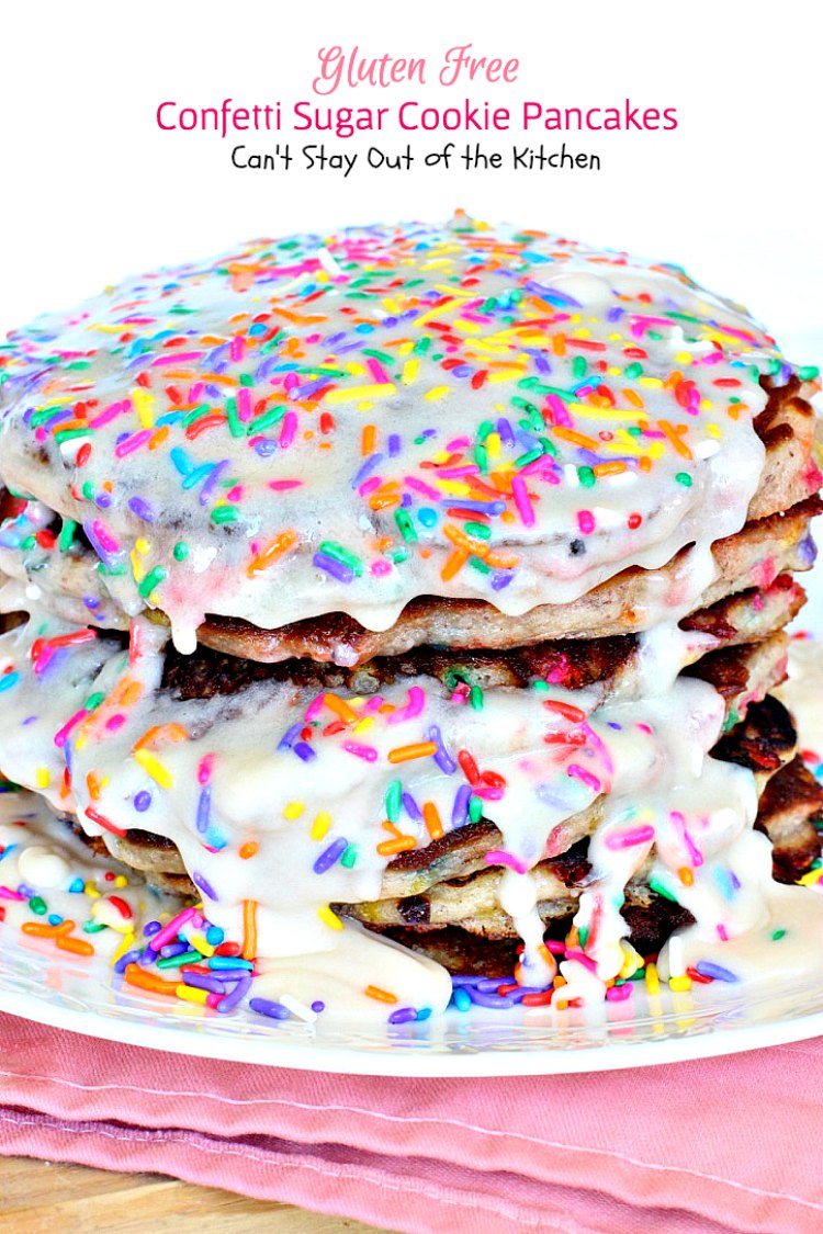 Gluten Free Confetti Sugar Cookie Pancakes | Can't Stay Out of the Kitchen | these awesome #pancakes taste like #sugarcookies with a lot of #sprinkles but in pancake form! Amazing #holiday #breakfast recipe too. #glutenfree