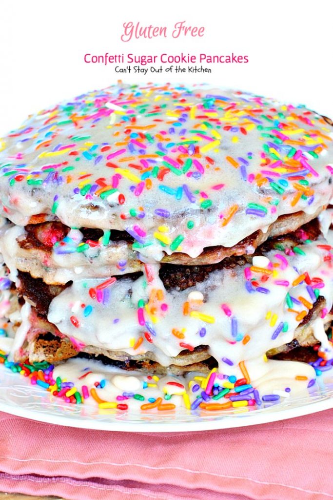 Gluten Free Confetti Sugar Cookie Pancakes | Can't Stay Out of the Kitchen | these awesome #pancakes taste like #sugarcookies with a lot of #sprinkles but in pancake form! Amazing #holiday #breakfast recipe too. #glutenfree
