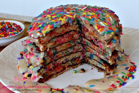 Gluten Free Confetti Sugar Cookie Pancakes | Can't Stay Out of the Kitchen | these awesome #pancakes taste like #sugarcookies with a lot of #sprinkles but in pancake form! Amazing #holiday #breakfast recipe too. #glutenfree