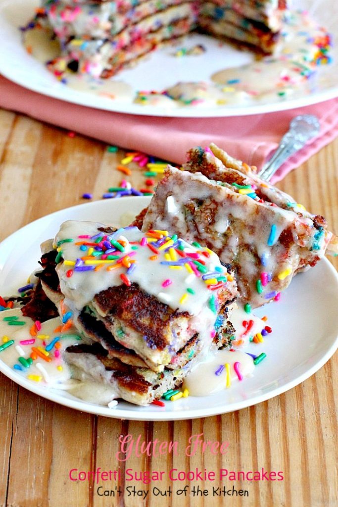 Gluten Free Confetti Sugar Cookie Pancakes | Can't Stay Out of the Kitchen | these awesome #pancakes taste like #sugarcookies with a lot of #sprinkles but in pancake form! Amazing #holiday #breakfast recipe too. #glutenfree
