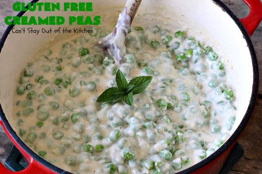 Gluten Free Creamed Peas | Can't Stay Out of the Kitchen | this delicious #sidedish takes less than 10 minutes to prepare. That makes it perfect for #holiday or company meals when you're short on time. The flavors are amped up with a little #Creole seasoning. So delicious. #Cajun #peas #glutenfree #creamedpeas