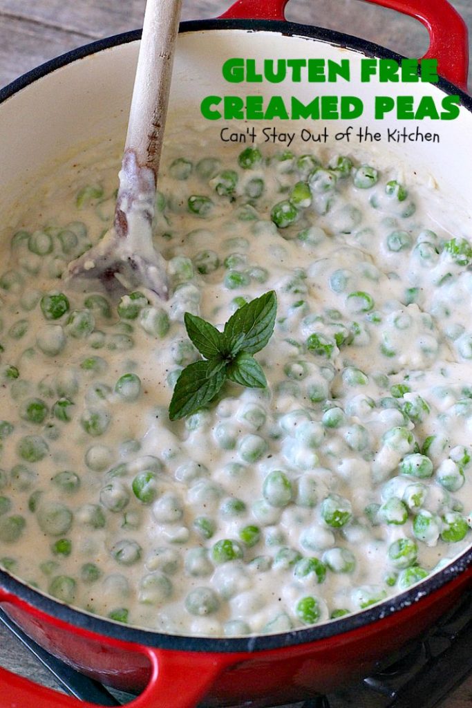 Gluten Free Creamed Peas | Can't Stay Out of the Kitchen | this delicious #sidedish takes less than 10 minutes to prepare. That makes it perfect for #holiday or company meals when you're short on time. The flavors are amped up with a little #Creole seasoning. So delicious. #Cajun #peas #glutenfree #creamedpeas