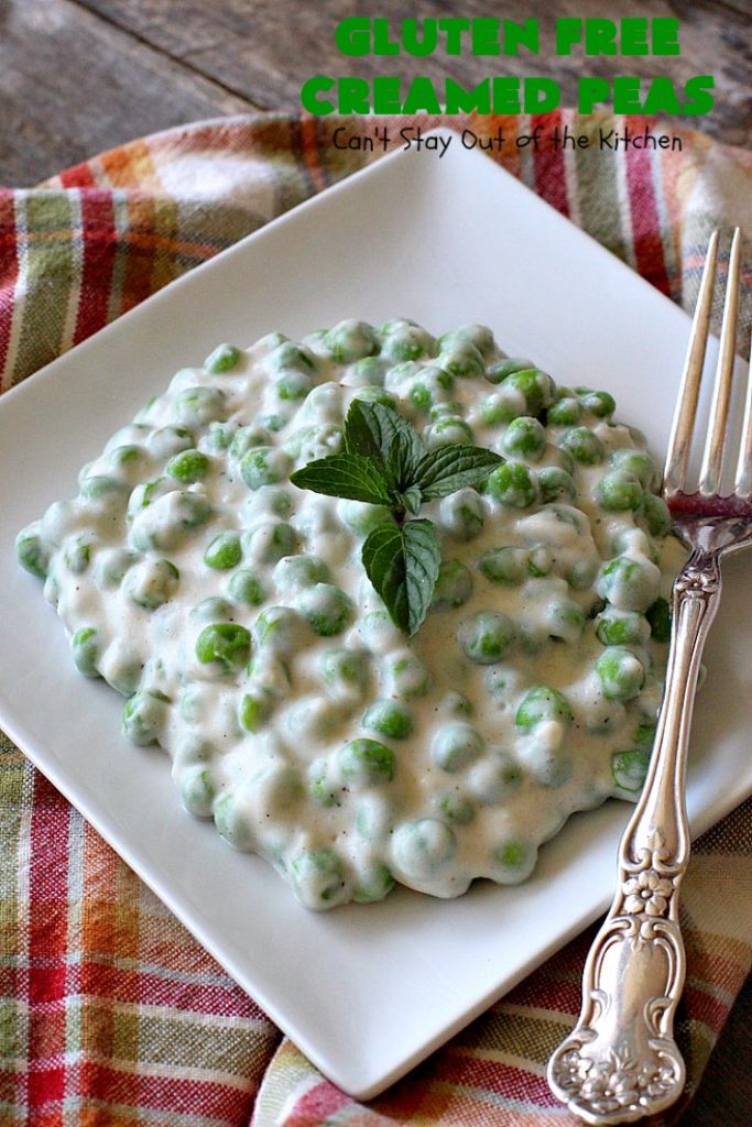 Gluten Free Creamed Peas | Can't Stay Out of the Kitchen | this delicious #sidedish takes less than 10 minutes to prepare. That makes it perfect for #holiday or company meals when you're short on time. The flavors are amped up with a little #Creole seasoning. So delicious. #Cajun #peas #glutenfree #creamedpeas