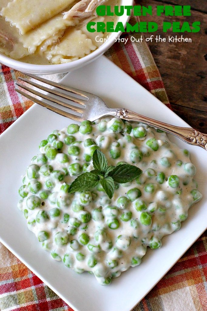 Gluten Free Creamed Peas | Can't Stay Out of the Kitchen | this delicious #sidedish takes less than 10 minutes to prepare. That makes it perfect for #holiday or company meals when you're short on time. The flavors are amped up with a little #Creole seasoning. So delicious. #Cajun #peas #glutenfree #creamedpeas