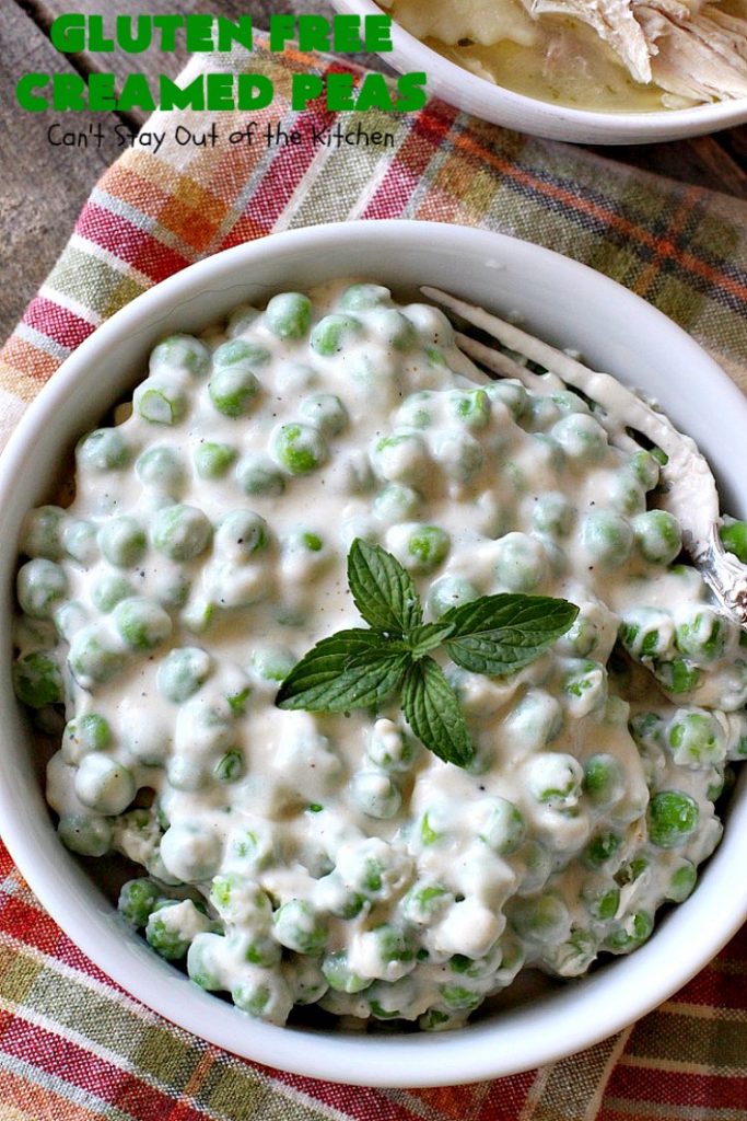 Gluten Free Creamed Peas | Can't Stay Out of the Kitchen | this delicious #sidedish takes less than 10 minutes to prepare. That makes it perfect for #holiday or company meals when you're short on time. The flavors are amped up with a little #Creole seasoning. So delicious. #Cajun #peas #glutenfree #creamedpeas