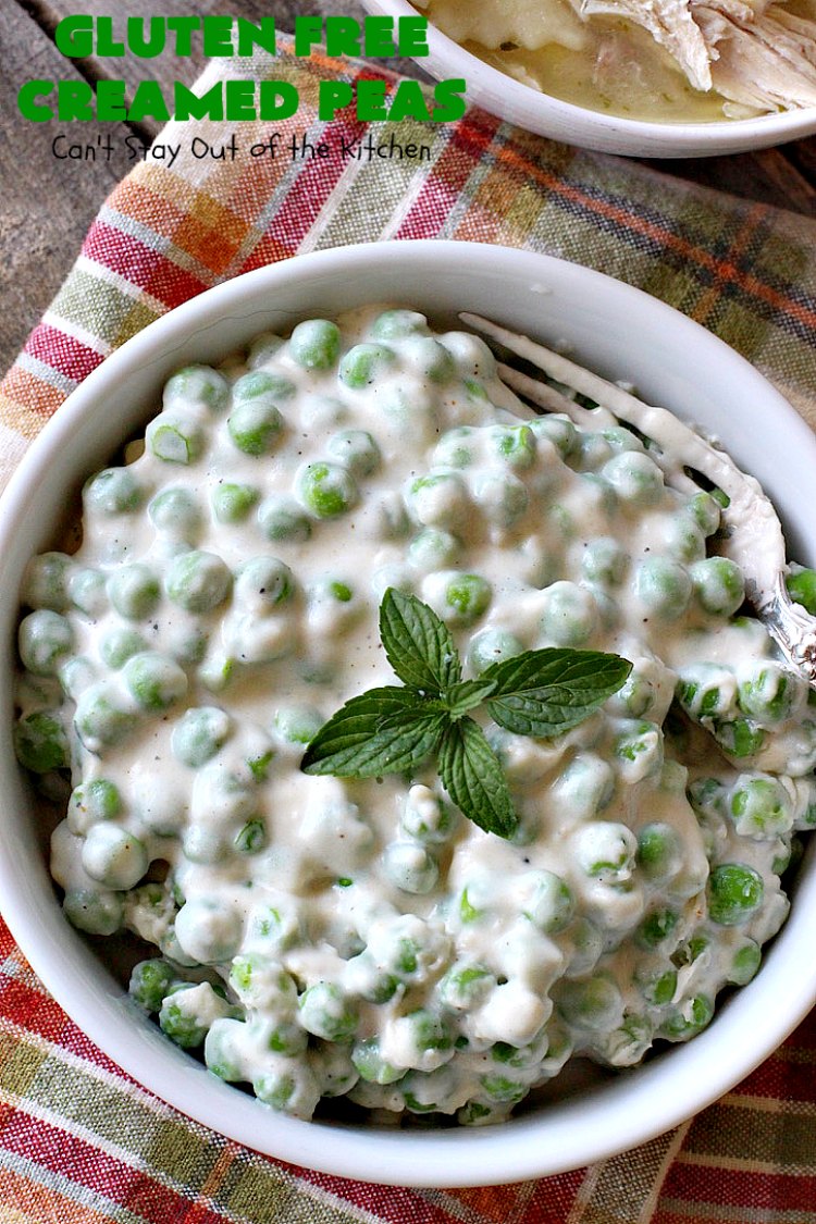 Gluten Free Creamed Peas | Can't Stay Out of the Kitchen | this delicious #sidedish takes less than 10 minutes to prepare. That makes it perfect for #holiday or company meals when you're short on time. The flavors are amped up with a little #Creole seasoning. So delicious. #Cajun #peas #glutenfree #creamedpeas