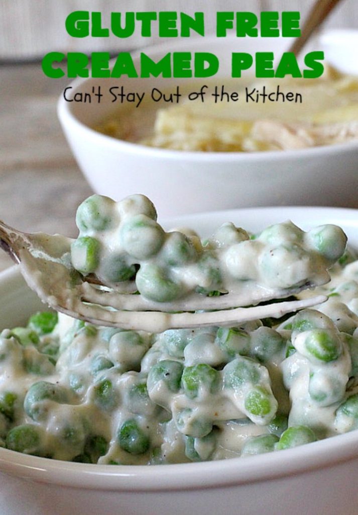 Gluten Free Creamed Peas | Can't Stay Out of the Kitchen | this delicious #sidedish takes less than 10 minutes to prepare. That makes it perfect for #holiday or company meals when you're short on time. The flavors are amped up with a little #Creole seasoning. So delicious. #Cajun #peas #glutenfree #creamedpeas
