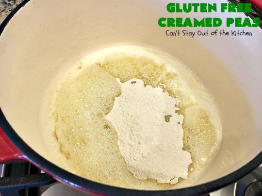 Gluten Free Creamed Peas | Can't Stay Out of the Kitchen | this delicious #sidedish takes less than 10 minutes to prepare. That makes it perfect for #holiday or company meals when you're short on time. The flavors are amped up with a little #Creole seasoning. So delicious. #Cajun #peas #glutenfree #creamedpeas