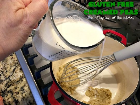 Gluten Free Creamed Peas | Can't Stay Out of the Kitchen | this delicious #sidedish takes less than 10 minutes to prepare. That makes it perfect for #holiday or company meals when you're short on time. The flavors are amped up with a little #Creole seasoning. So delicious. #Cajun #peas #glutenfree #creamedpeas