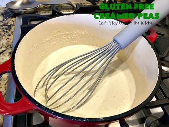 Gluten Free Creamed Peas | Can't Stay Out of the Kitchen | this delicious #sidedish takes less than 10 minutes to prepare. That makes it perfect for #holiday or company meals when you're short on time. The flavors are amped up with a little #Creole seasoning. So delicious. #Cajun #peas #glutenfree #creamedpeas