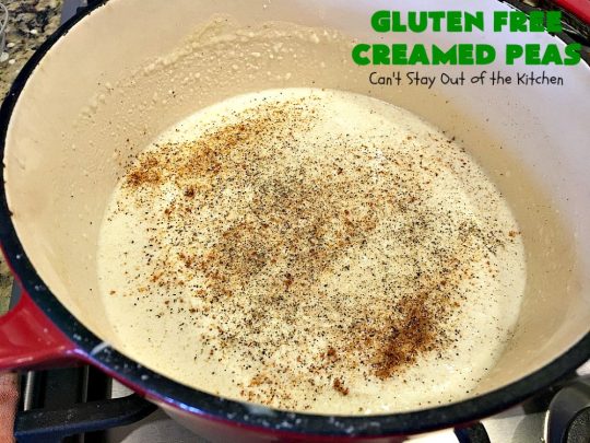 Gluten Free Creamed Peas | Can't Stay Out of the Kitchen | this delicious #sidedish takes less than 10 minutes to prepare. That makes it perfect for #holiday or company meals when you're short on time. The flavors are amped up with a little #Creole seasoning. So delicious. #Cajun #peas #glutenfree #creamedpeas