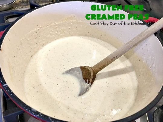 Gluten Free Creamed Peas | Can't Stay Out of the Kitchen | this delicious #sidedish takes less than 10 minutes to prepare. That makes it perfect for #holiday or company meals when you're short on time. The flavors are amped up with a little #Creole seasoning. So delicious. #Cajun #peas #glutenfree #creamedpeas