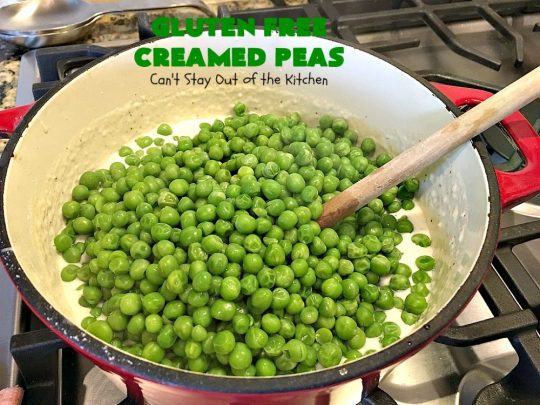 Gluten Free Creamed Peas | Can't Stay Out of the Kitchen | this delicious #sidedish takes less than 10 minutes to prepare. That makes it perfect for #holiday or company meals when you're short on time. The flavors are amped up with a little #Creole seasoning. So delicious. #Cajun #peas #glutenfree #creamedpeas