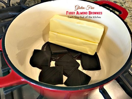 Gluten Free Fudgy Almond Brownies | Can't Stay Out of the Kitchen | these sensational yet healthy #brownies use #glutenfree flour, coconut sugar & a healthier #chocolatechip plus 90% #chooclate & #almonds in the batter. We loved them. #dessert