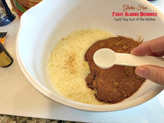 Gluten Free Fudgy Almond Brownies | Can't Stay Out of the Kitchen | these sensational yet healthy #brownies use #glutenfree flour, coconut sugar & a healthier #chocolatechip plus 90% #chooclate & #almonds in the batter. We loved them. #dessert