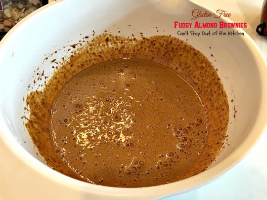 Gluten Free Fudgy Almond Brownies | Can't Stay Out of the Kitchen | these sensational yet healthy #brownies use #glutenfree flour, coconut sugar & a healthier #chocolatechip plus 90% #chooclate & #almonds in the batter. We loved them. #dessert