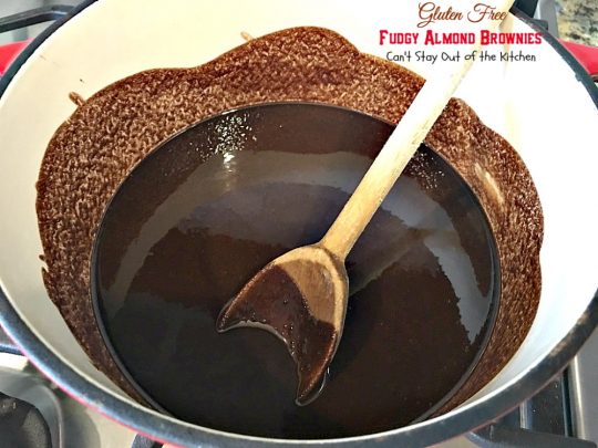 Gluten Free Fudgy Almond Brownies | Can't Stay Out of the Kitchen | these sensational yet healthy #brownies use #glutenfree flour, coconut sugar & a healthier #chocolatechip plus 90% #chooclate & #almonds in the batter. We loved them. #dessert