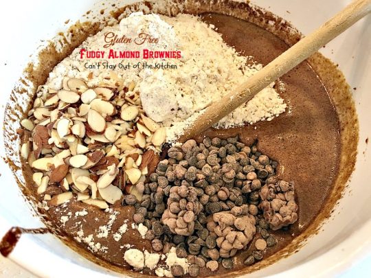 Gluten Free Fudgy Almond Brownies | Can't Stay Out of the Kitchen | these sensational yet healthy #brownies use #glutenfree flour, coconut sugar & a healthier #chocolatechip plus 90% #chooclate & #almonds in the batter. We loved them. #dessert